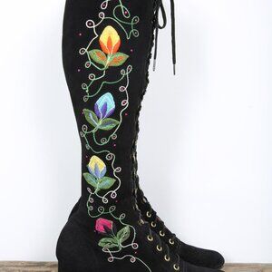60s Gogo Boots Vintage Penny Lane Black Floral Embroidered Lace Up Boots